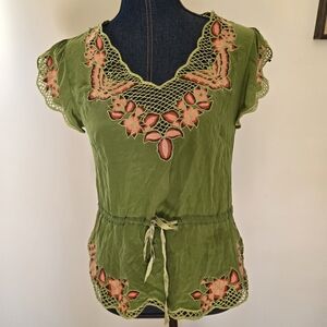 Nanette Lepore Olive Green Embroidered Blouse